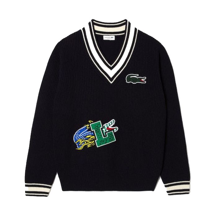 Áo Len Nam Lacoste Holiday Comic Badge Striped V-Neck AH0735 Màu Xanh Navy Size 4