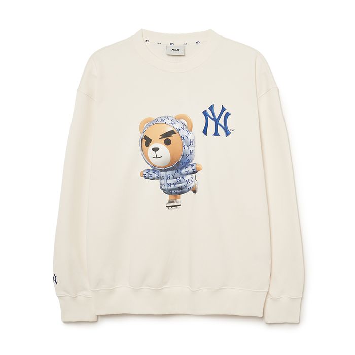 Áo Nỉ Sweater MLB Mega Bear chải lông New York Yankees 3AMTE0236-50C Màu Trắng Kem Size S