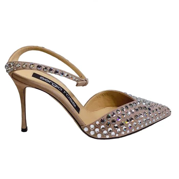 Giày Cao Gót Nữ Sergio Rossi Đính Đá Màu Hồng Size 38