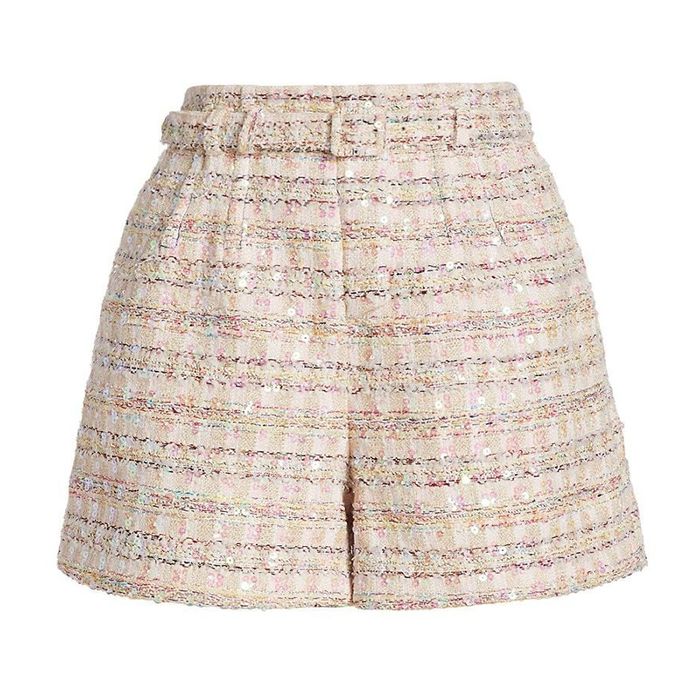 Quần Short Nữ Self-Portrait Boucle Sequin Belted Shorts Pink Màu Hồng Nhạt Size 8UK