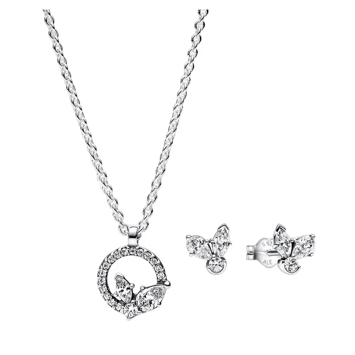 Set Dây Chuyền + Khuyên Tai Nữ Pandora Sparkling Round Herbarium B80307RM Màu Bạc