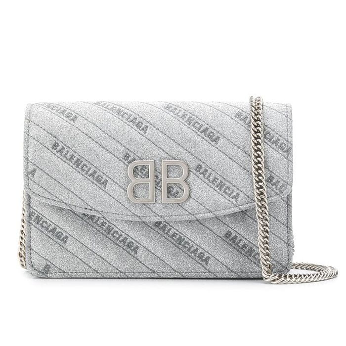 Túi Đeo Chéo Nữ Balenciaga Metallic Bb Glittered Leather Shoulder Bag Màu Xám Bạc