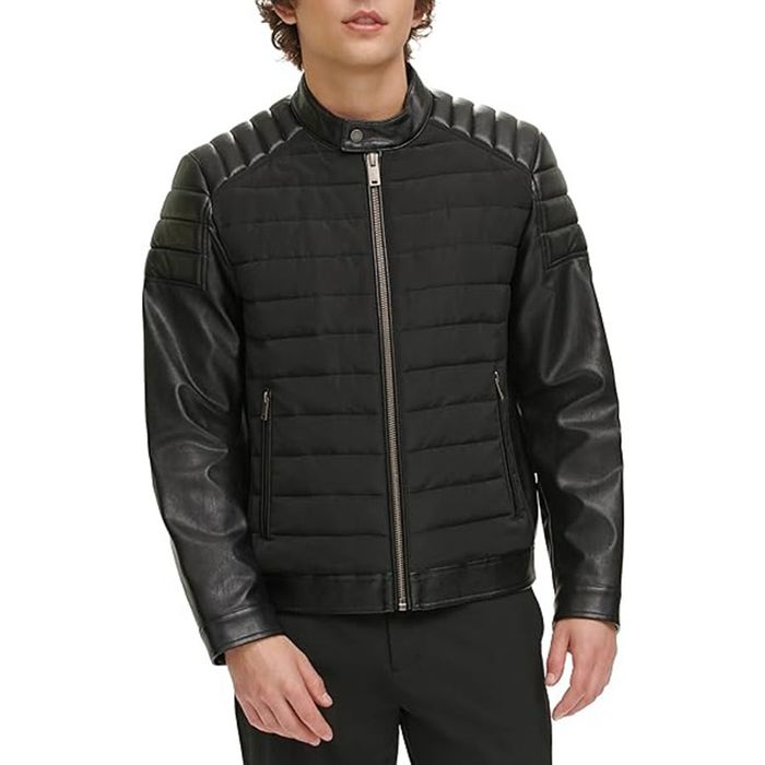 Áo Khoác Nam DKNY Men's Mixed Media Faux Leather Puffer Motocros Racer Jacket DX0MU014 BLK Màu Đen Size S
