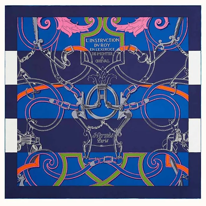 Khăn Nữ Hermes L'Instruction Du Roy Bayadere 90 Màu Xanh Blue