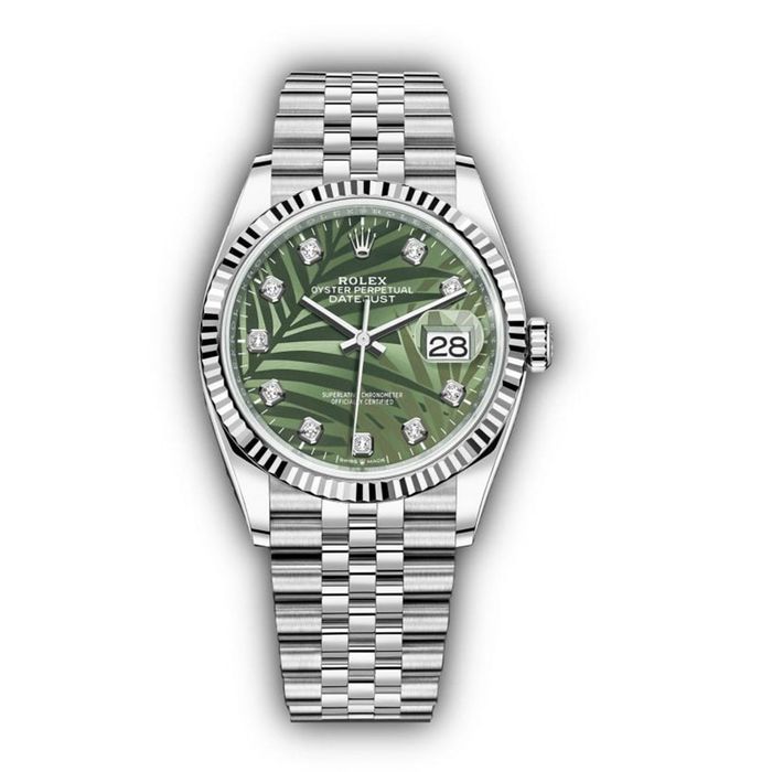 Đồng Hồ Rolex Steel Datejust 36 Olive Green Palm Jubilee 126234-0047 Màu Xanh Bạc