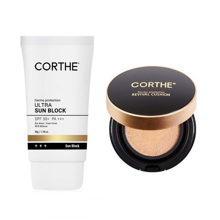 Combo Kem Chống Nắng Và Phấn Nước Corthe Dermo Protection 2 Món