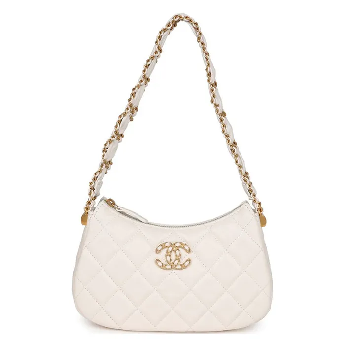 Túi Đeo Chéo Nữ Chanel 19 Hobo Bag White Aged Calfskin Brushed Gold Hardware Màu Trắng
