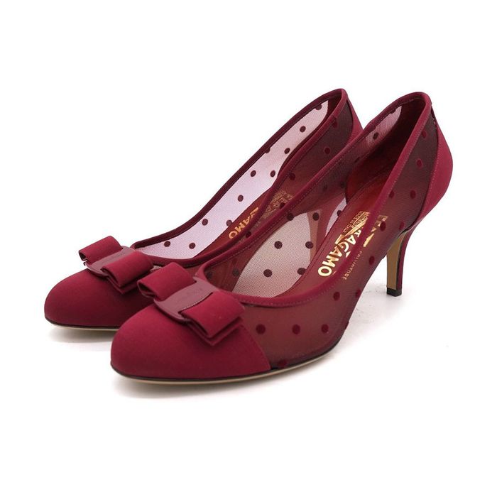 Giày Cao Gót Nữ Salvatore Ferragamo Polkadot Mesh And Fabric Vara Bow Pumps Màu Đỏ Đô Size 6