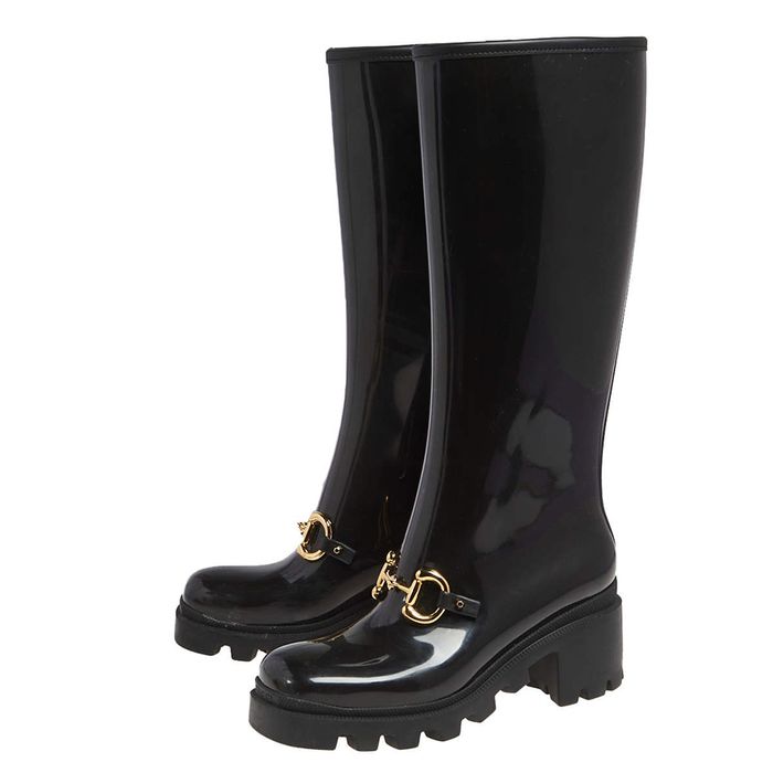 Giày Boot Nữ Gucci Black Rubber Horsebit Knee Length Màu Đen Size 34