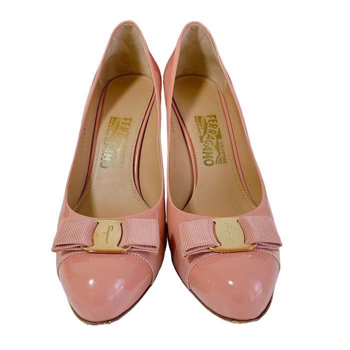 Giày Cao Gót Nữ Salvatore Ferragamo Patent Leather Vara Bow Pump Màu Hồng Size 37
