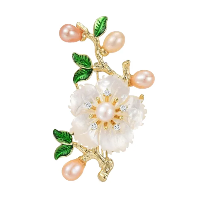 Cài Áo Nữ Meri Nhành Mai Xà Cừ Và Ngọc Trai BR650 Màu Trắng Ngà