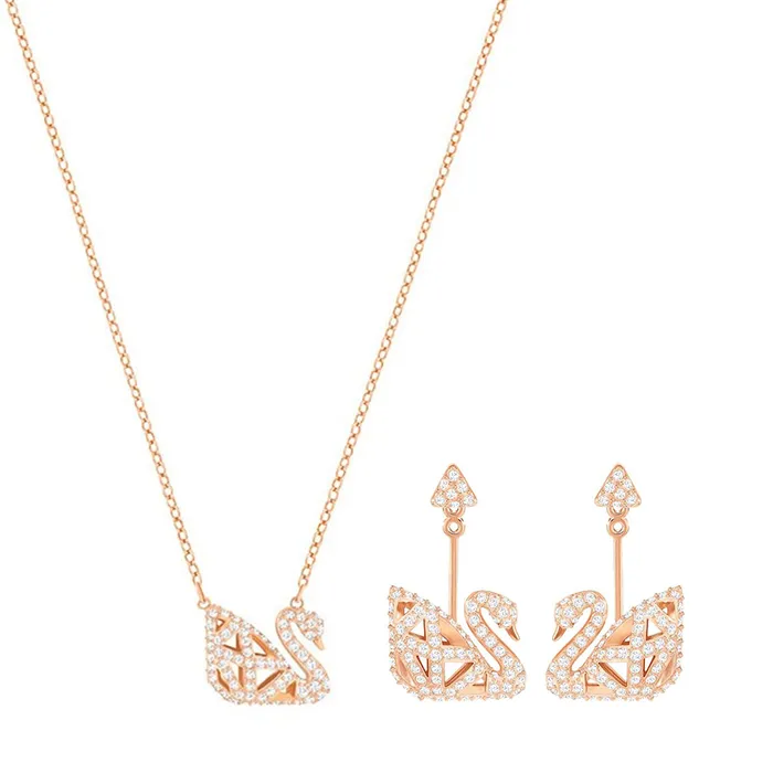 Combo Dây Chuyền Và Khuyên Tai Nữ Swarovski Facet Swan 5281275 5358058 Màu Vàng Hồng