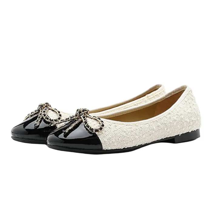 Giày Bệt Nữ Pazzion Daisy Tweed Toe Cap Bow Flats 166-13BEG034 Màu Đen Trắng Size 39