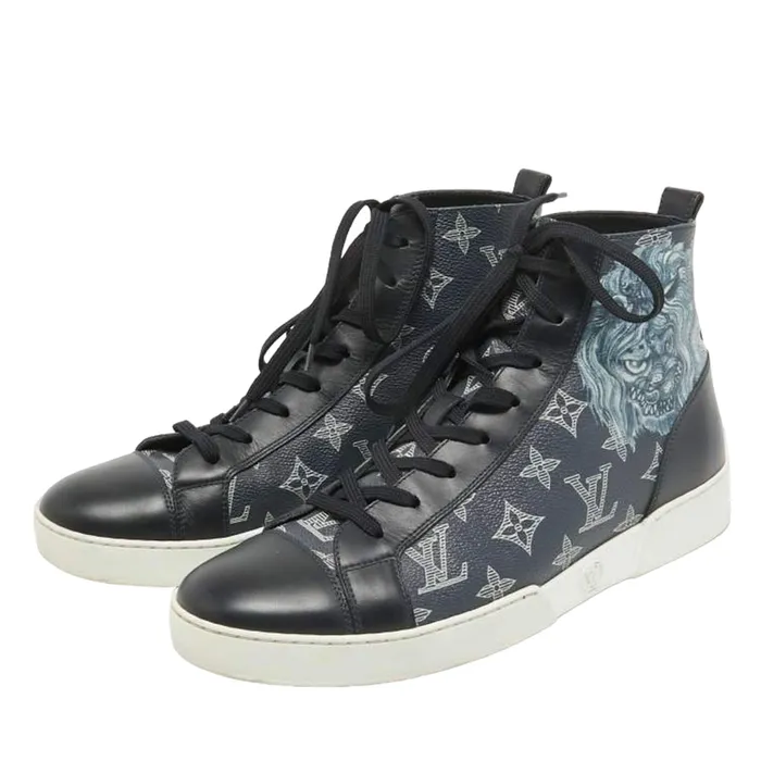Giày Sneaker Nam Louise Vuitton LV Canvas and Leather Match Up Cloth Trainer High Top Màu Xanh Navy Size 41.5