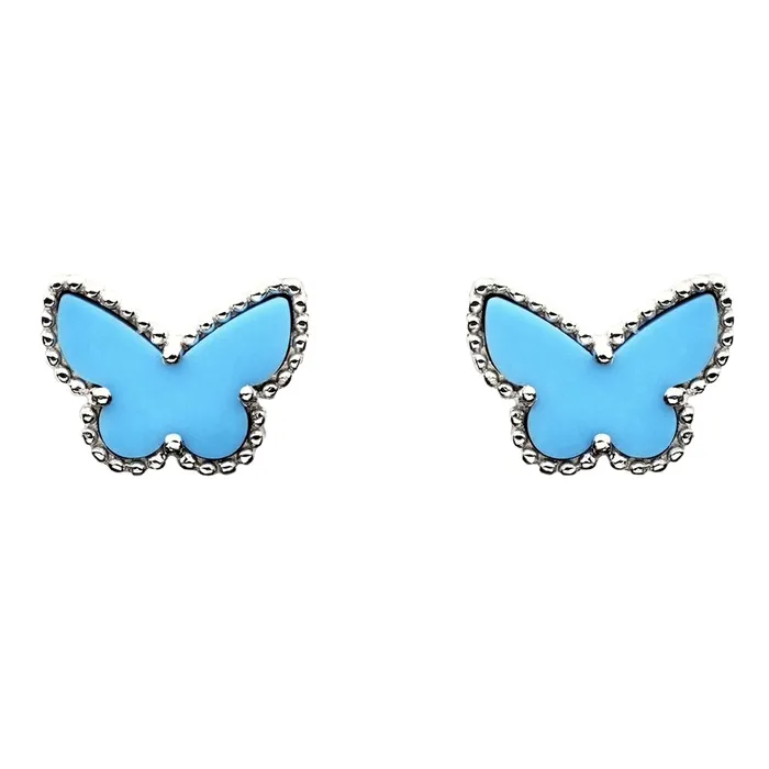 Khuyên Tai Nữ Jewery Luxury Sweet Alhambra Turquoise Butterfly 18K White Gold Earstuds Màu Xanh Bạc