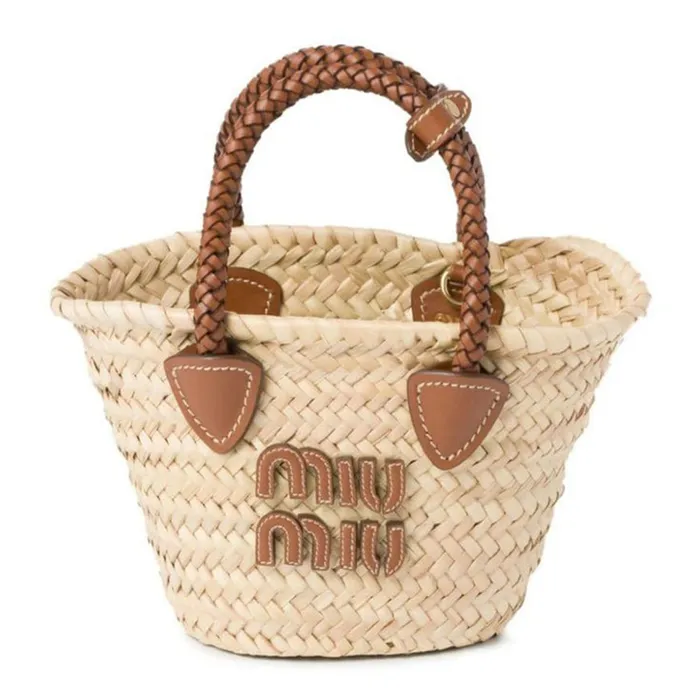Túi Cói Xách Tay Nữ Miu Miu Logo-Appliqué Woven Bag Màu Be Nâu Size S