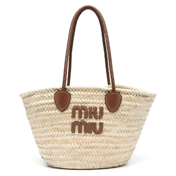 Túi Cói Xách Tay Nữ Miu Miu Logo-Appliqué Woven Tote Bag Màu Be Nâu Size M