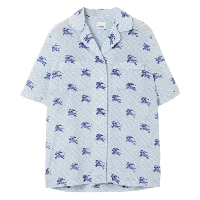 Áo Sơ Mi Nam Burberry EKD Monogram Silk Pyjama Shirt Màu Xanh Họa Tiết Size S