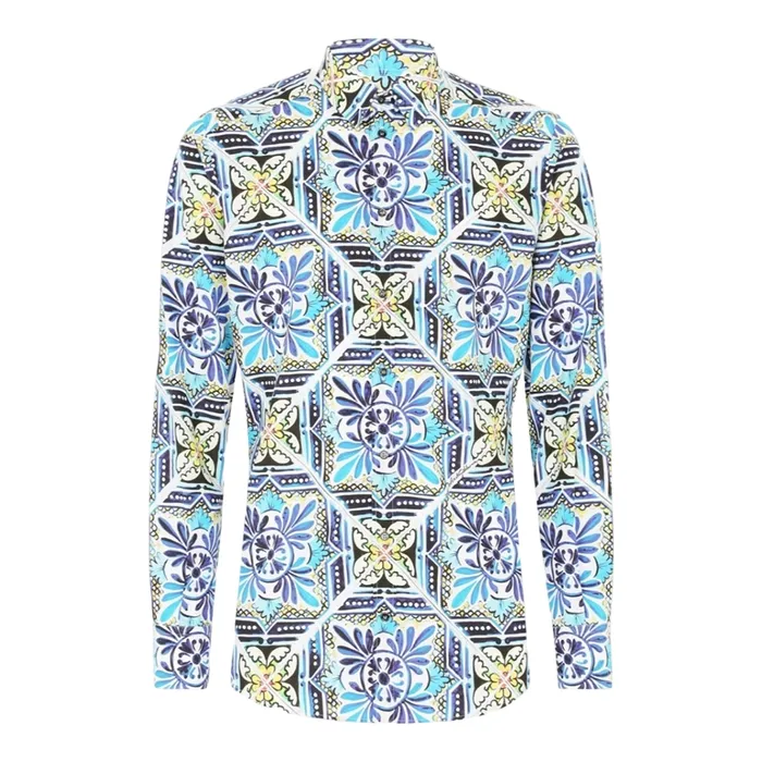Áo Sơ Mi Nam Dolce & Gabbana D&G Mallorca Print Gold Fit Long Sleeve Shirt G5EJ0THS5HBHB1MS Màu Xanh Vàng Size 38