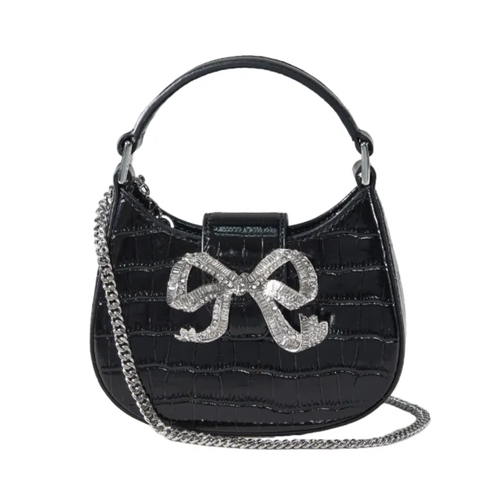 Túi Xách Tay Nữ Self-Portrait Black Croc Crescent Bow Micro Bag Màu Đen