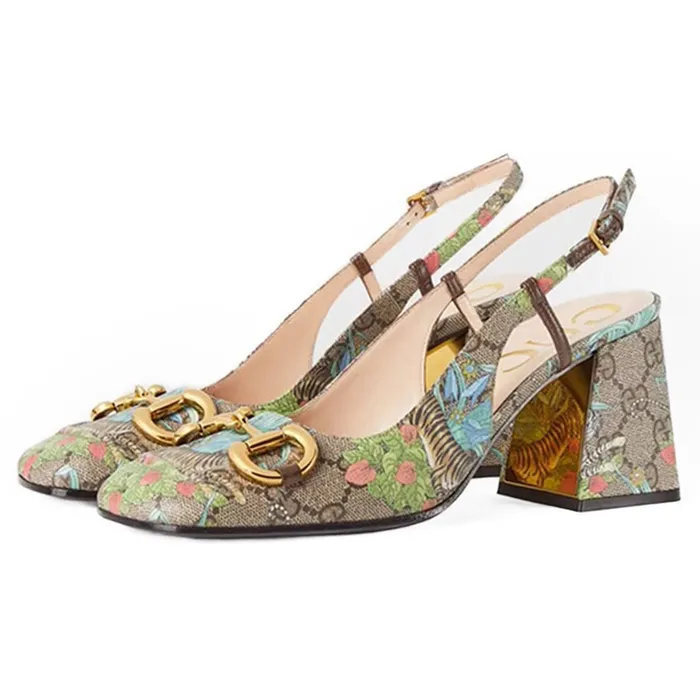 Giày Cao Gót Nữ Gucci Tiger Mid-Heel Slingback ‎687580-UUA10-8471 Màu Be Họa Tiết Size 35