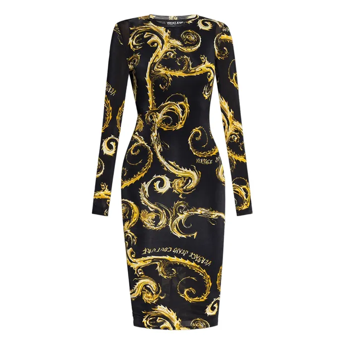 Váy Body Nữ Versace Jeans Couture Black With Logo Printed 77HAO9B0JS358G89 Màu Vàng Đen Size 44