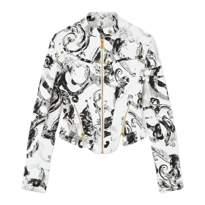 Áo Khoác Bò Nữ Versace Jeans Couture Watercolor Couture Denim Biker Jacket 76HAS461 ES084ENZ 003 Màu Trắng Đen Size 44