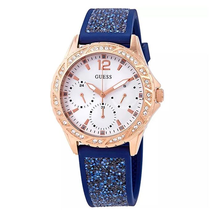 Đồng Hồ Nữ Guess Shimmering Swirl Crystal White Dial W1096L4 Màu Xanh Navy