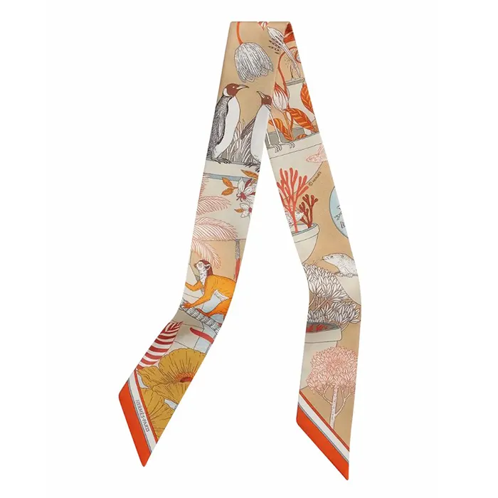 Khăn Lụa Nữ Hermès Precious Paradise Twilly Scarf Beige Doré / Orange / Gris Bleu Màu Be N-MHM