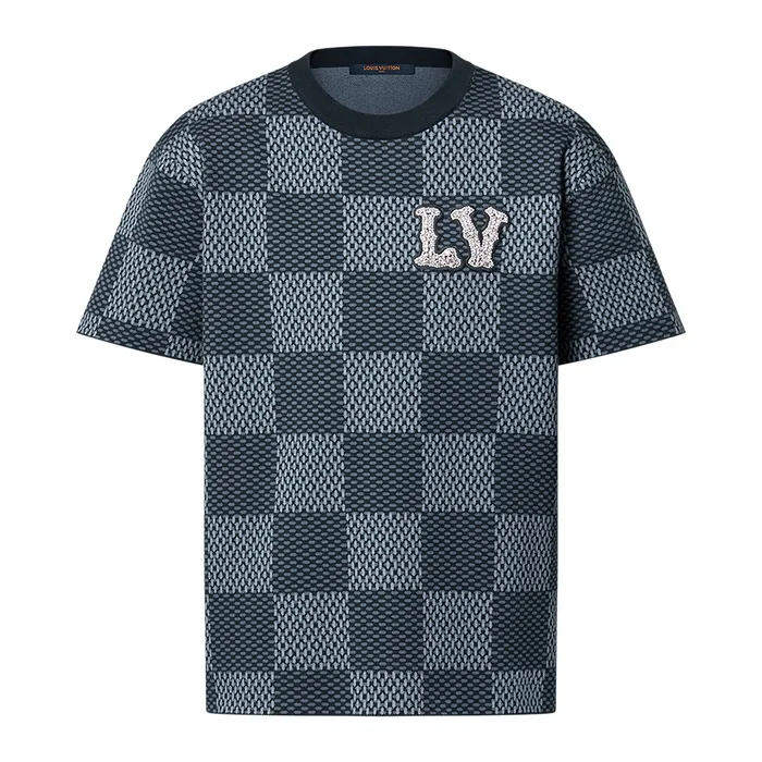 Áo Phông Louis Vuitton Damier Short-Sleeved Crewneck With LV Crystal Patch T-Shirt 1AGHTG Màu Xanh Chàm Size XS