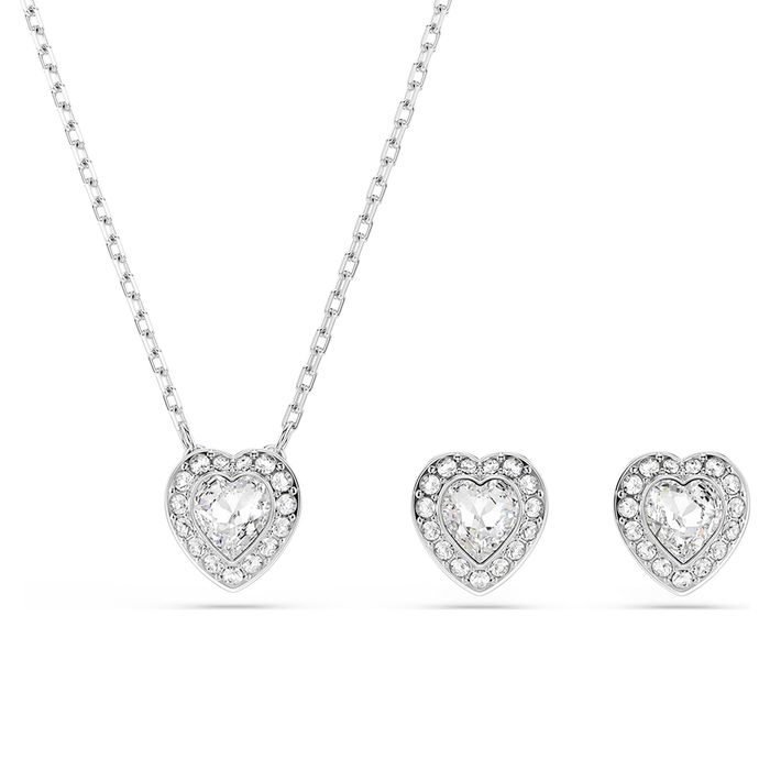 Set Dây Chuyền Và Khuyên Tai Swarovski Set Mixed Cuts, Heart, White, Rhodium Plated 5728049 Màu Bạc