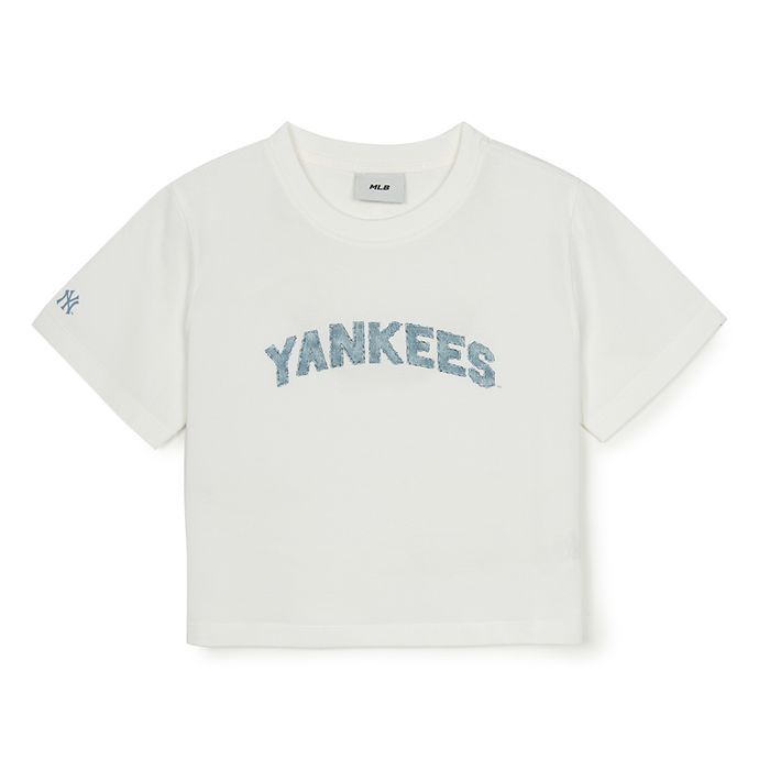 Áo Croptop Nữ MLB Denimlike Lettering Big Lux Crop Tshirt New York Yankees 3FTSM0553-50IVS Màu Trắng Kem Size M