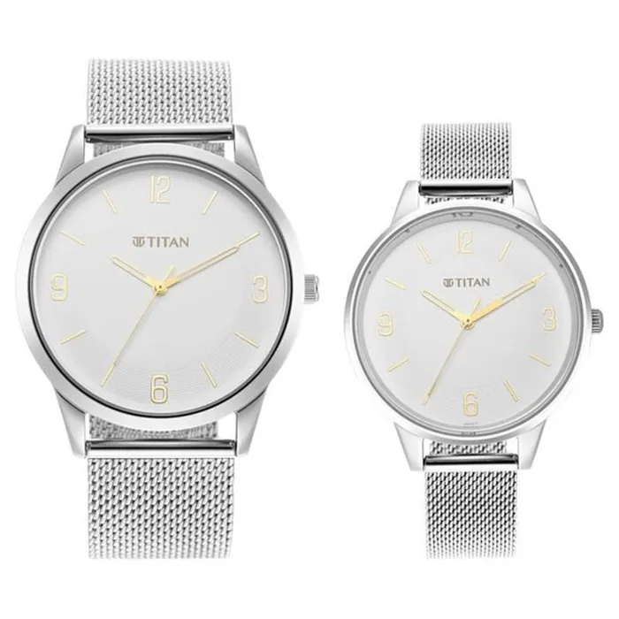 Đồng Hồ Đôi Titan Quartz Analog White Dial Stainless Steel Strap Watch 18062648SM01 Màu Bạc