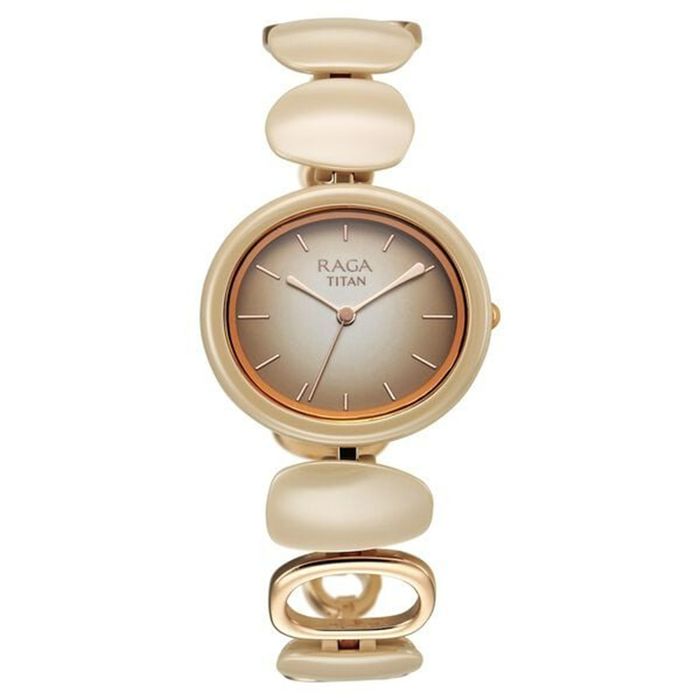 Đồng Hồ Nữ Titan Raga Ceramics Quartz Analog Beige Dial Metal Strap Watch 95146KD06 Màu Be