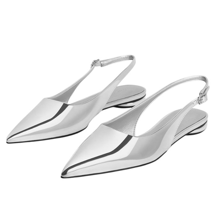 Giày Bệt Nữ Charles & Keith CNK Patent Pointed-Toe Slingback Flats Silver CK1-70381020 Màu Bạc Size 38