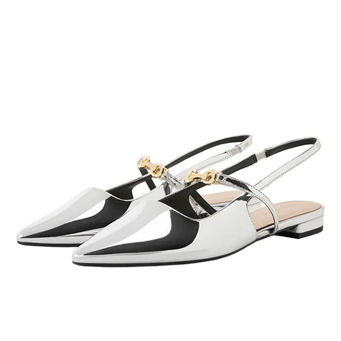 Giày Bệt Nữ Charles & Keith CNK Trifina Metallic Accent Pointed Toe Slingback Flats Silver CK1-70920144 Màu Bạc