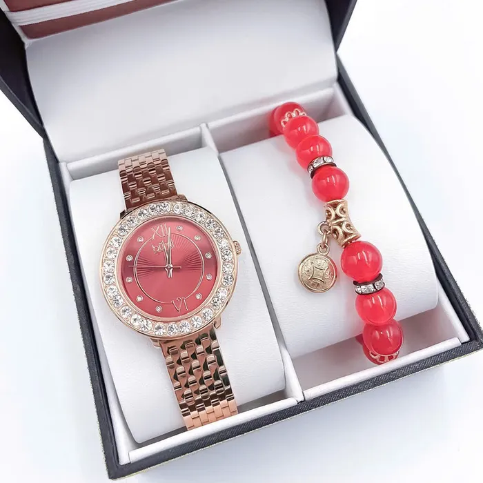 Set Đồng Hồ Nữ Burgi BUR274 Watch + Vòng Tay Đá Cẩm Thạch Màu Vàng Hồng Phối Đỏ