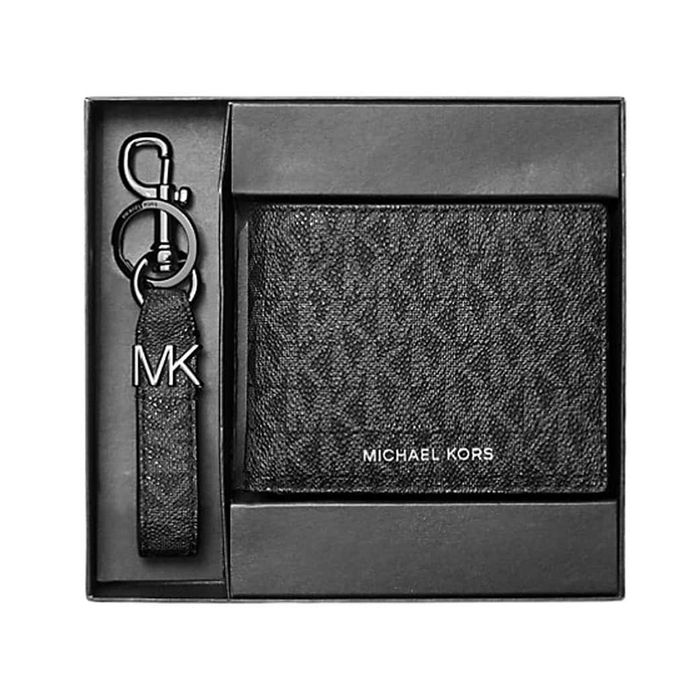 Set Ví Nam + Móc Khoá Michael Kors MK Logo Wallet And Key Chain 36T4LGFF1B Màu Đen