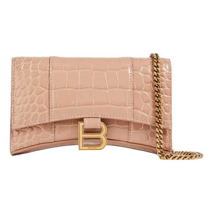 Túi Đeo Chéo Nữ Balenciaga Hourglass Portemonnaie Aus Leder Mit Krokodileffekt Màu Hồng Nhạt