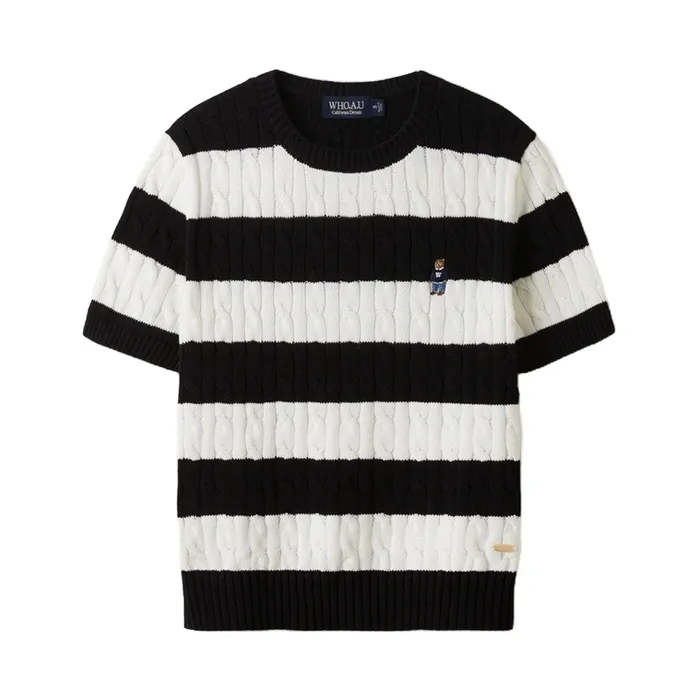Áo Len Nữ WHOAU Steve Stripe Cable Short Sleeve Knit WHKAE2413F Màu Đen Trắng Size M