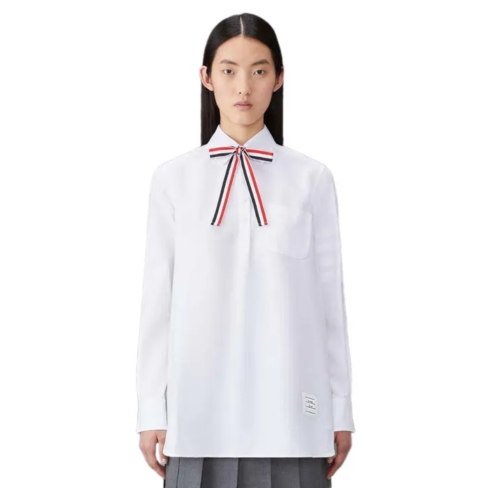 Áo Sơ Mi Nữ Thom Browne Button Oxford 4-Bar Bow Tie Blouson FLL139A/06496100 Màu Trắng Size 38