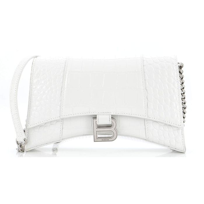 Túi Xách Tay Nữ Balenciaga Hourglass Chain Wallet Crocodile Embossed Leather Màu Trắng