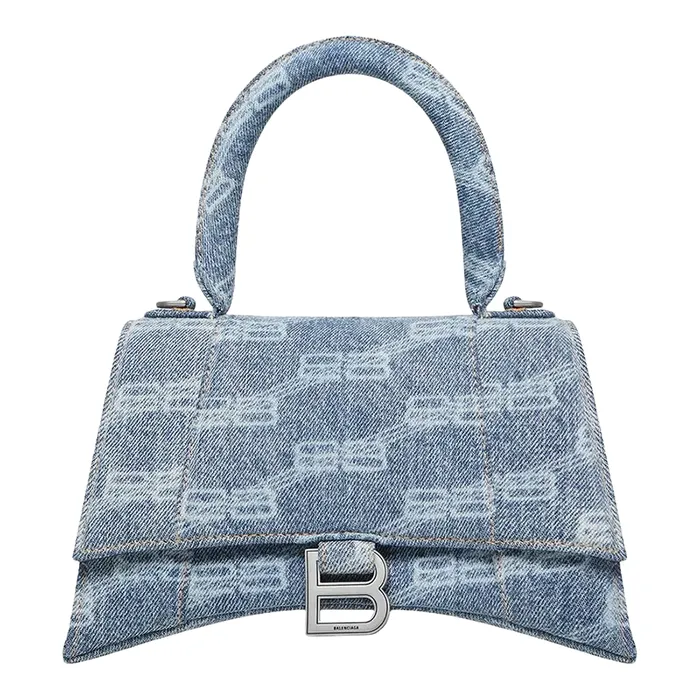 Túi Xách Tay Nữ Balenciaga Hourglass Top Handle Small BB Monogram Denim Bleached Màu Xanh Blue