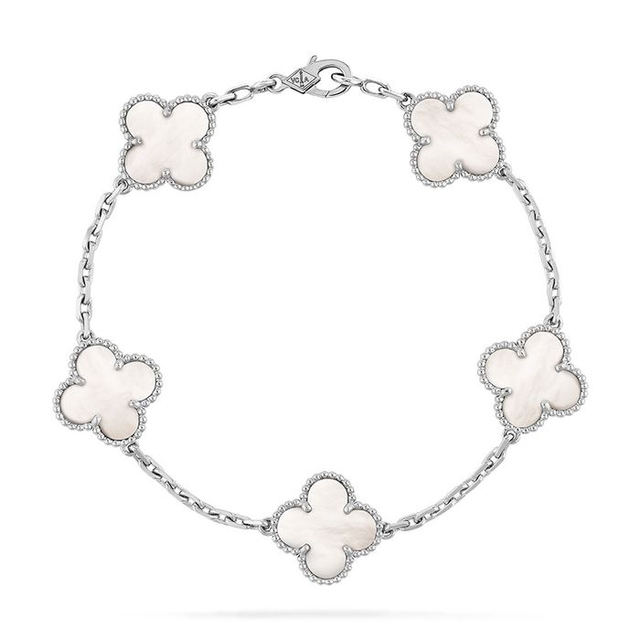 Vòng Đeo Tay Nữ Van Cleef & Arpels Vintage Alhambra Bracelet, 5 Motifs VCARF48400 Màu Trắng