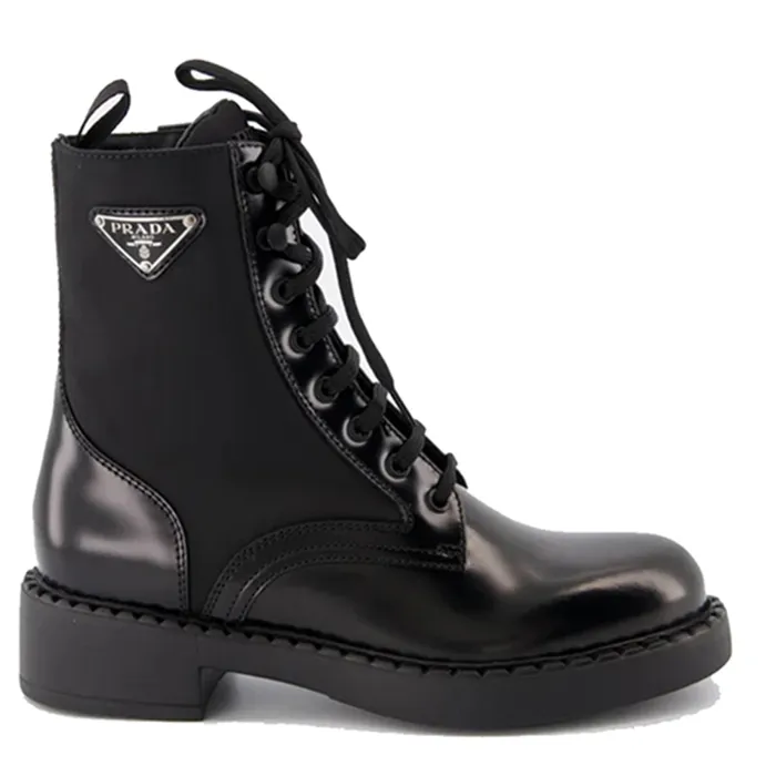 Giày Boot Nữ Prada Leather And Re-Nylon Combat Màu Đen Size 36