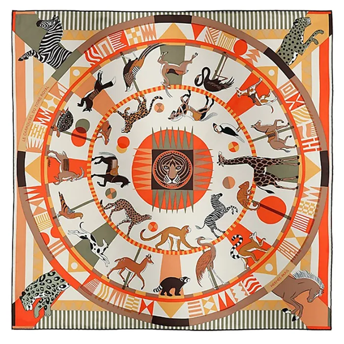 Khăn Nữ Hermès Le Carrousel Du Tigre Royal Scarf 90 Orange /Blanc /Cacao Màu Cam Trắng
