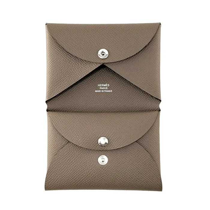 Ví Nữ Hermès Calvi Duo Epsom Leather Etoupe Greige Brown Card Coin Case Purse Mini Wallet H083035CK Màu Nâu Xám