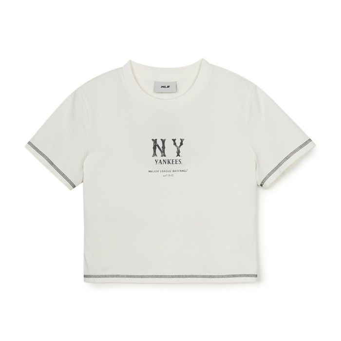 Áo Croptop Nữ MLB Basic Coopers Logo Slim Crop Functional Short Sleeve Tshirt NY Yankees 3FTSB0453-50IVS Màu Trắng Kem