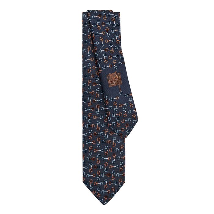 Cà Vạt Nam Hermès Mors Tricolore Tie Marine / Orange / Cie Màu Xanh/Cam
