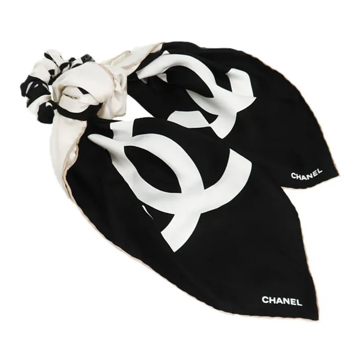 Khăn + Chun Buộc Tóc Chanel Coco Mark Logo Scarf Scrunchie Màu Đen - Trắng